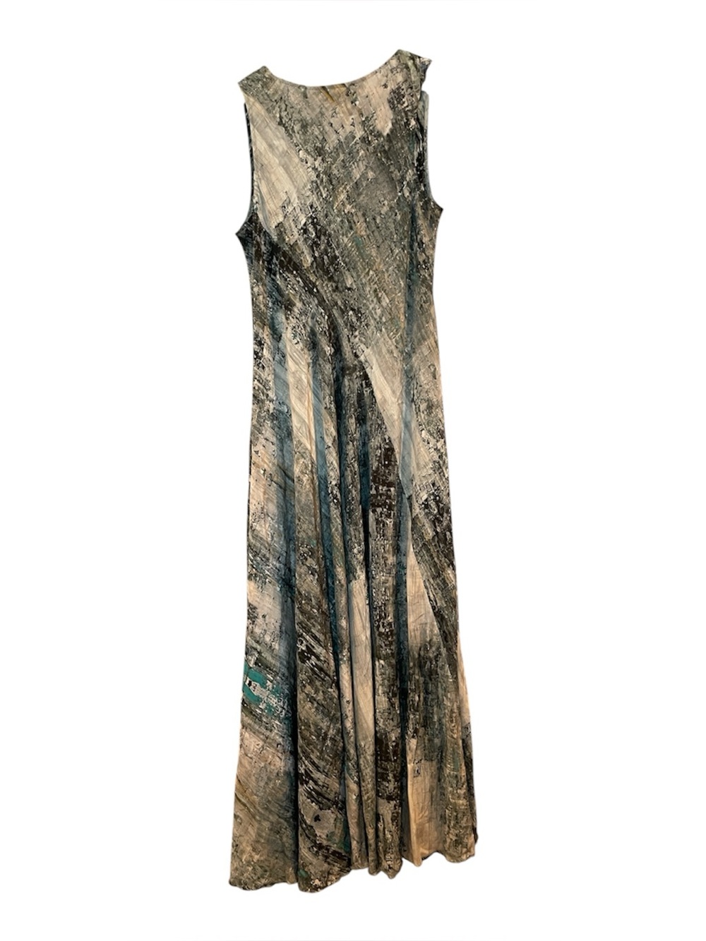 Johnny Was Arowal Silk Sleeveless Abstract Print Maxi Dress in Teal and Gray - Picture 4 of 9